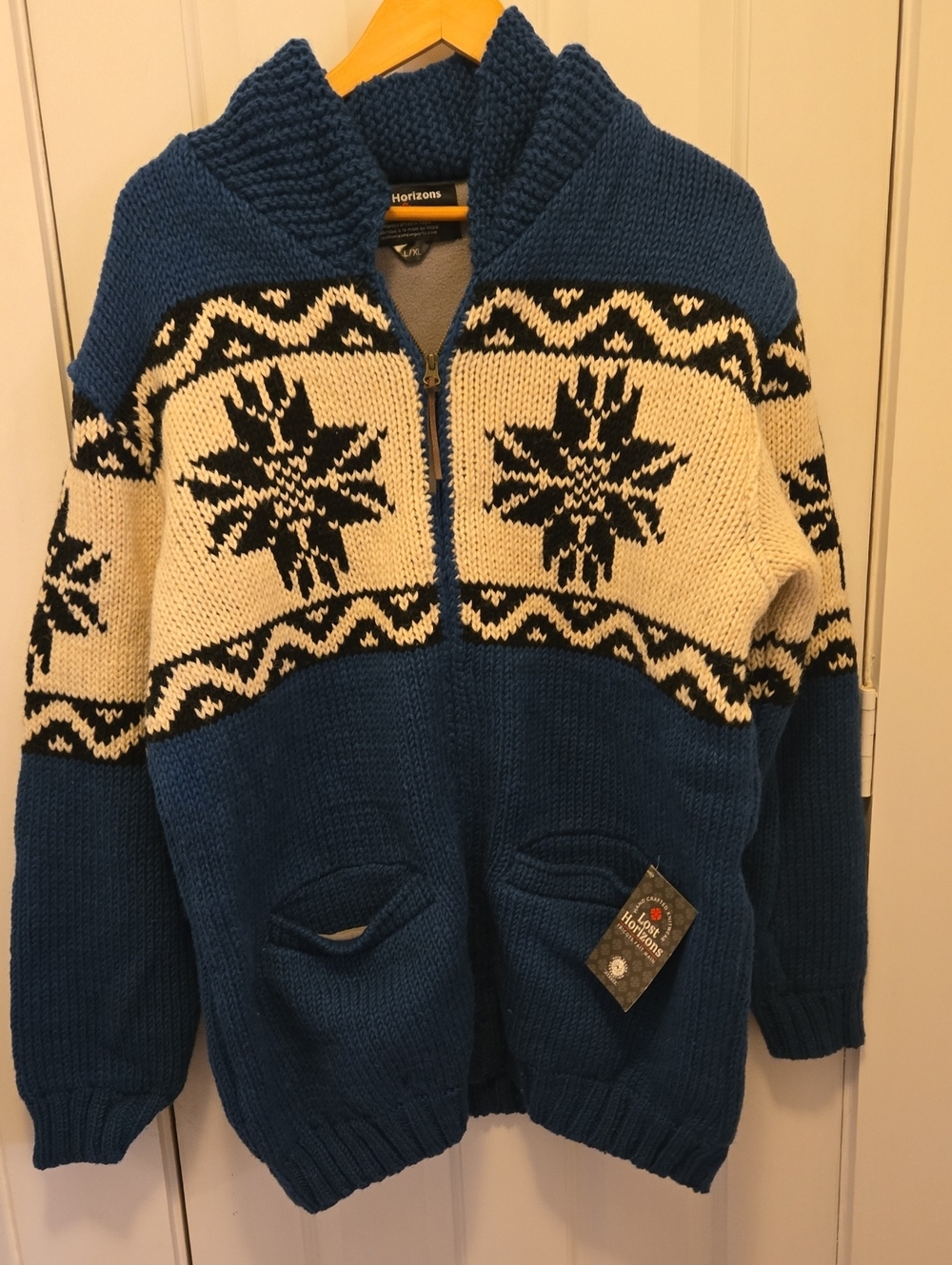 Lost Horizons Wool Sweater Teal Snowflake Fleece Lined Zip Jacket L/XL